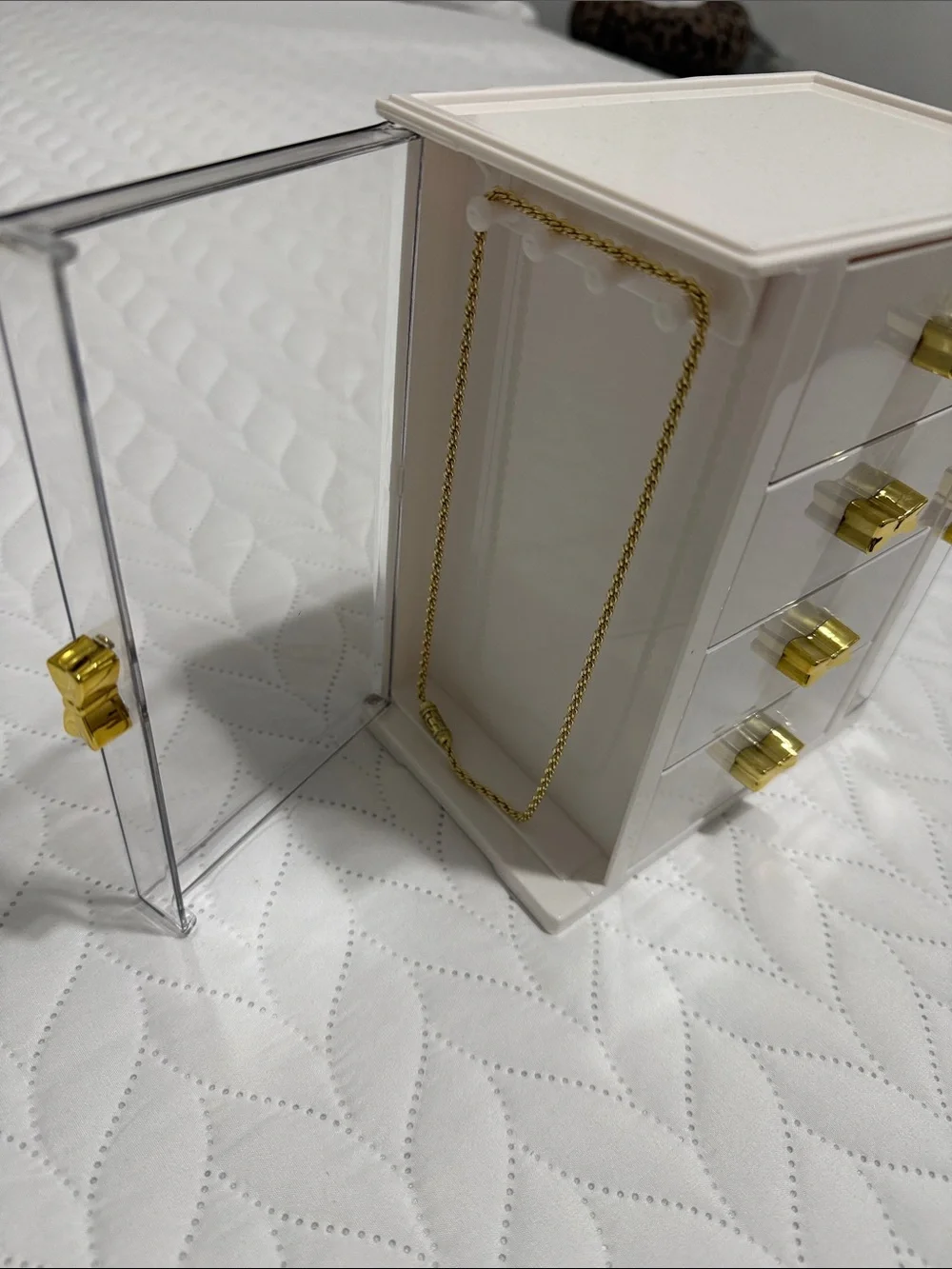 White and Gold Jewelry Organizer with Bow Drawer Pulls